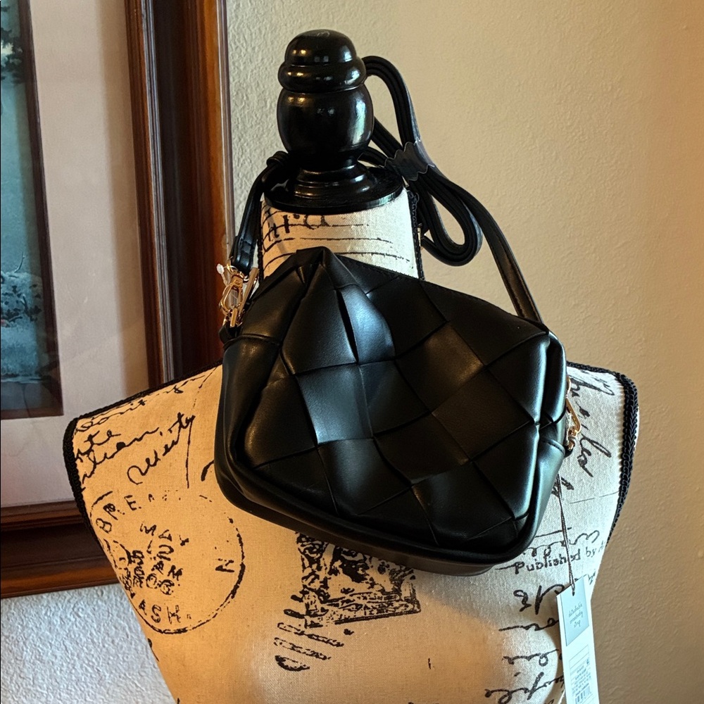 New With Tags-Elegant Black Crossbody Basket Weave Design Faux Leather Bag